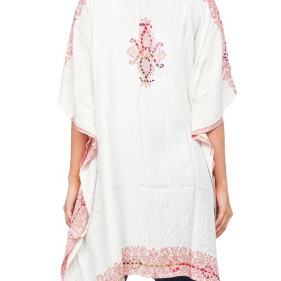 Raj Embroidered Kimono White Pink OSFM Elegant Rayon Indian Duster Wrap Boho - Picture 3 of 5